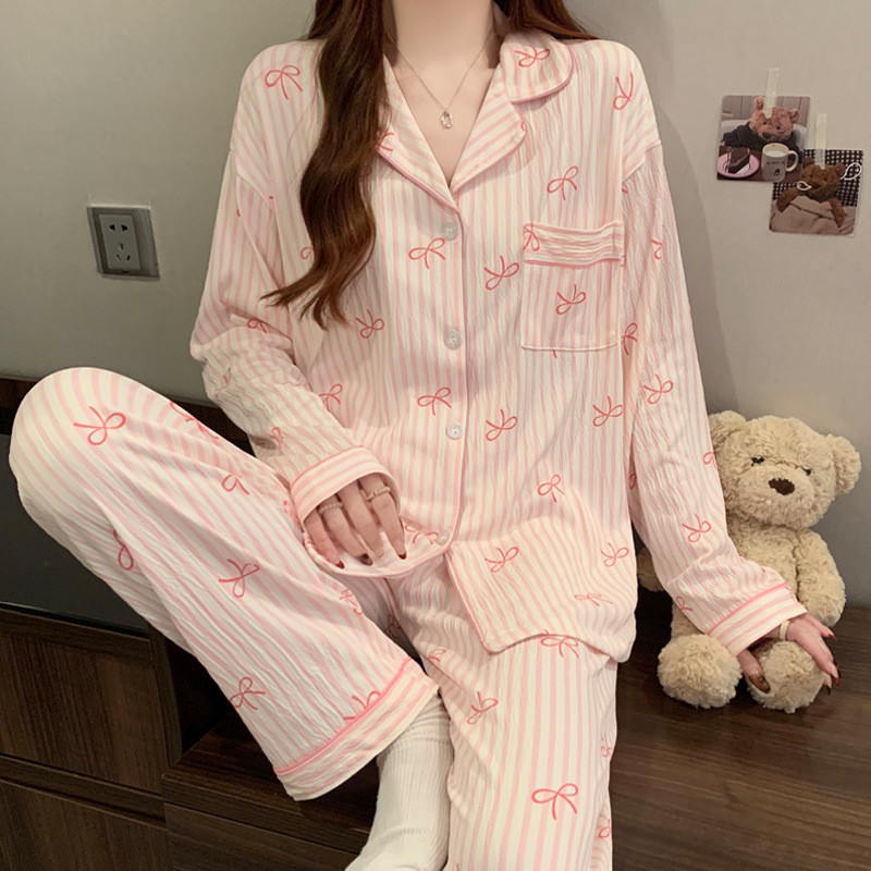 (((40-75kg) Sweet Girl Striped Long-Sleeved Pajamas Set Korean Version Casual Can Wear Outside Homewear Set