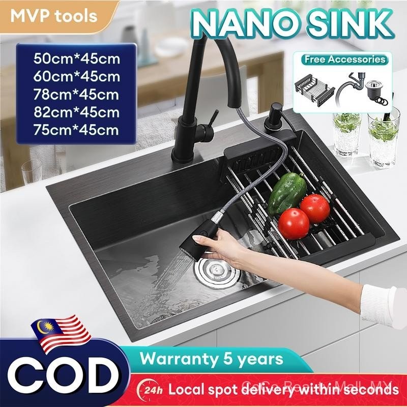 Stainless steel kitchen sink household high quality vertical sink vegetable sink vegetable sink stainless steel portable sink with stand lababo stainless steel full set double sink Dapur bowl 3.0MM thick black limestone sink pelapik sinki