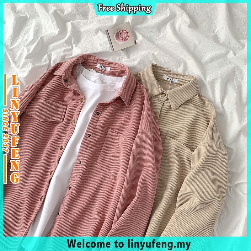 Korean Style Corduroy Women Blouse Casual Long Sleeve Loose Ladies Simple Vintage Baggy Shirt Top Fashion Women Clothes Baju Lengan Panjang Kemeja Perempuan Blaus Wanita Terkini Muslimah Murah Blouse 