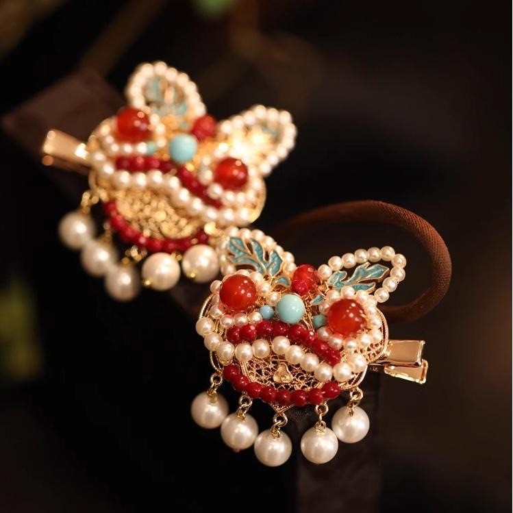 Suriya Year of the Dragon Headdress Children's Festive New Year Hair Accessories Antique Lion Awakening Exquisite Small Side Clip Pair Clip Hanfu Back Press 10.26