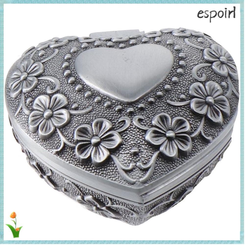 ESPOIR Antique Jewelry Box, Alloy Heart Shape Ring Box, High Quality Portable Silver Classic Small Trinket Storage Organizer Chest for Jewelry