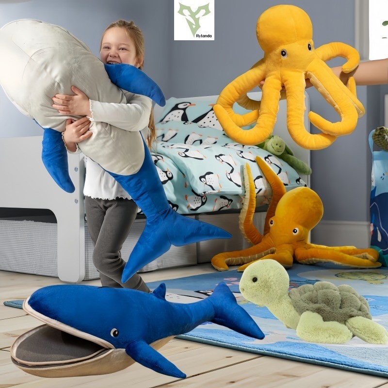 Zipper Blue Whale Plush Toy Cute Sea Turtle Octopus Plushie Doll Pillow Marine Animal Stuffed Toy Cushion Home Bedroom Decor Soft Baby Soothing Doll Kids Birthday Christmas Gift