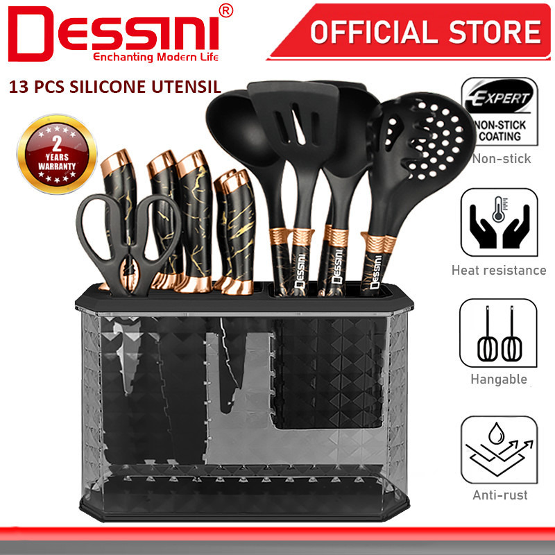 DESSINI ITALY Silicone Utensil Cutlery Turner Spoon Spaghetti Server Ladle Spatula Knife Scissor Kitchenware (13 Pcs)