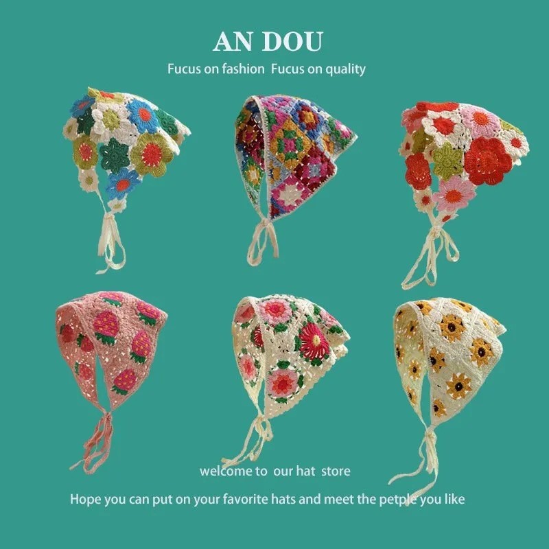 Influencer Photo Flower French Cute Knitted Triangle Scarf Headscarf