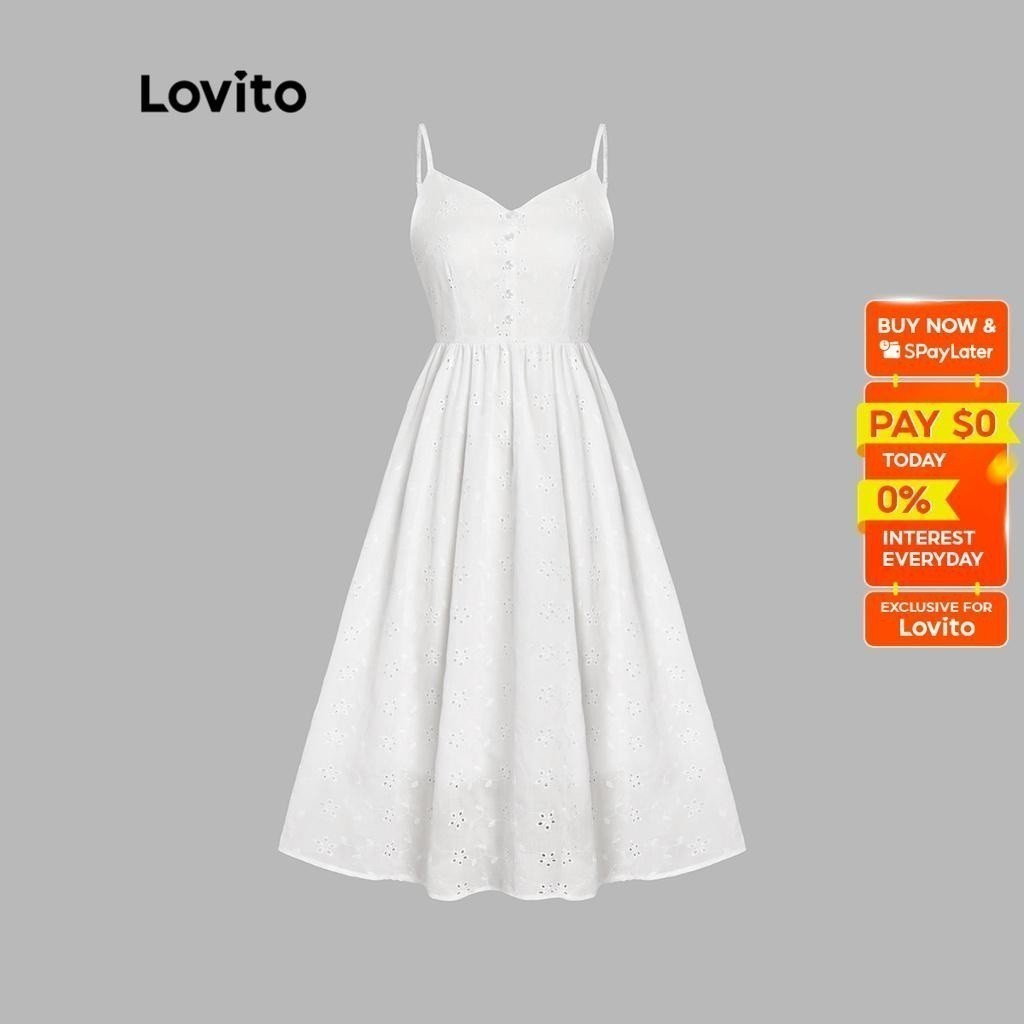 Lovito Cute Plain Button Floral Tighten The Waist Dress for Women L45AD039(White) Lovito Lucu Kancing Polos Floral Mengencangkan Pinggang Dress untuk Wanita L45AD039 (Putih)