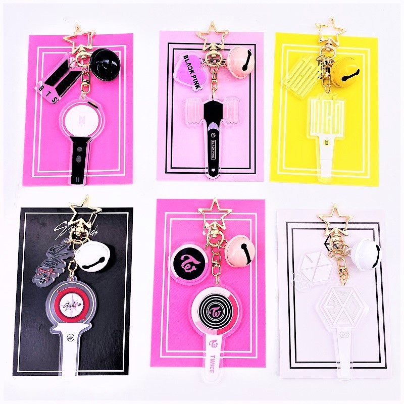 BTS BLACKPINK EXO NCT GOT7 New Remote-Controlled Glow-in-the-Dark Keychain Set with Bell Pendant and Stick - K-pop Merchandise