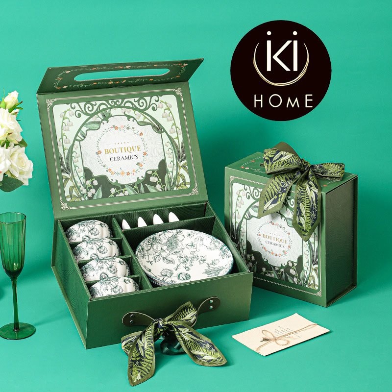 IKI Green Rose Ceramic Dinnerware Set Home Use Under-Glaze Bowls & Plates Set Business Event & Opening Ceremony Gift