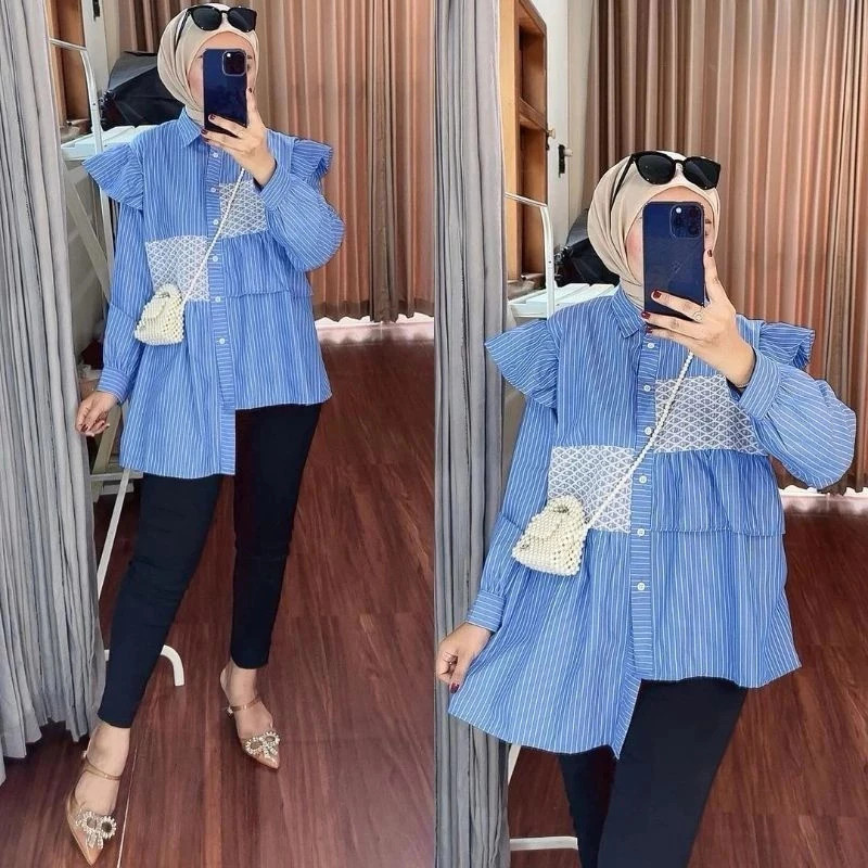 KEMEJA KATUN Qr - RPF Long Sleeve Blouse Combination Collar Shirt One Size / Shirt combination / Long sleeve shirt clothing / Sasi Karlisa Women's Striped Cotton Top Shirt All Size Korean Style / Women's Shirt / Women's Clothing Combination Ruffle Sleeves