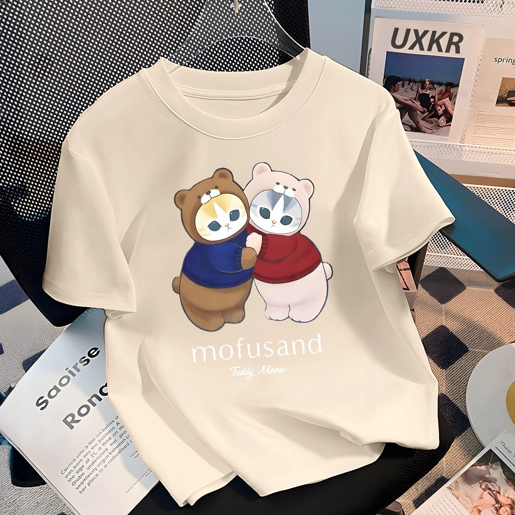【220G 100%Cotton】SISI Korean retro 100% cotton cute Cat mofusand print oversized red T-shirt for women