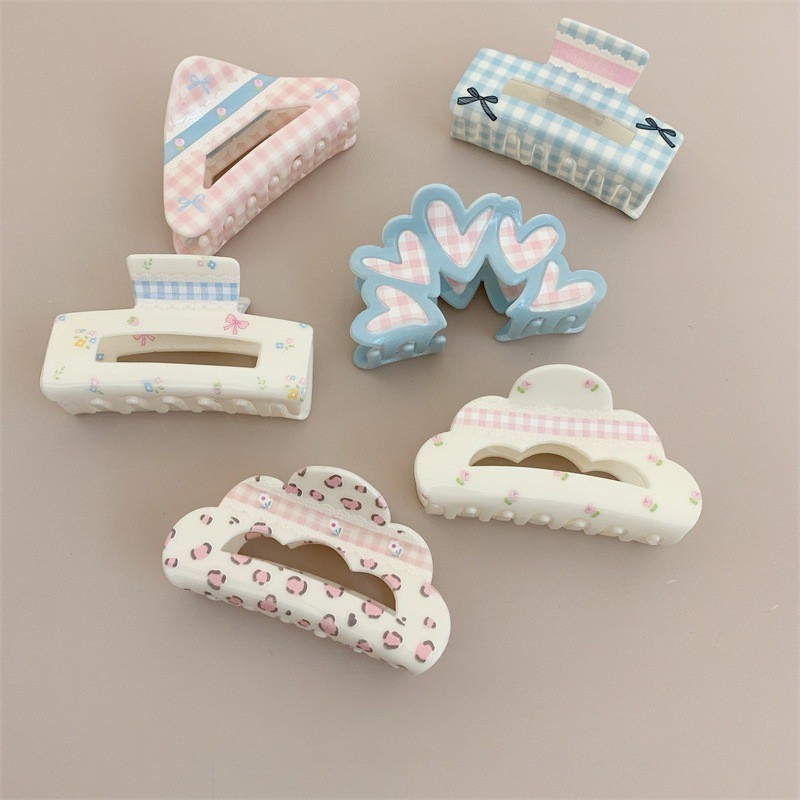 Cream Girl Floral Check Hair Clip Women's Square Shark Clip Fashion Hair Accessories