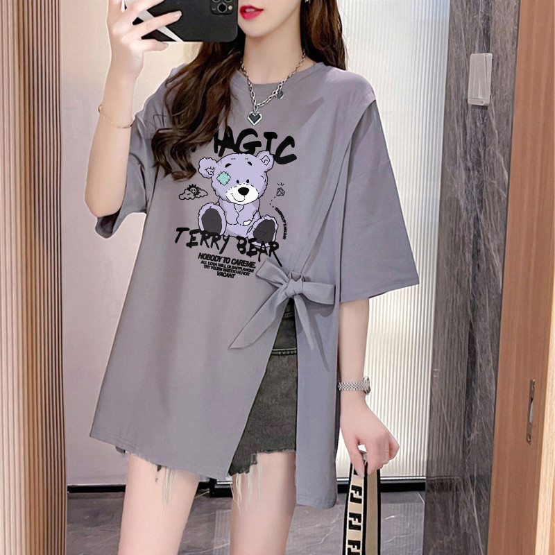 ☆★Fat mm Plus Size Women's Clothing Loose Slimmer Look Short-Sleeved T-Shirt Top Cartoon Bear Split Half-Sleeved T-Shirt 100kg/11.20