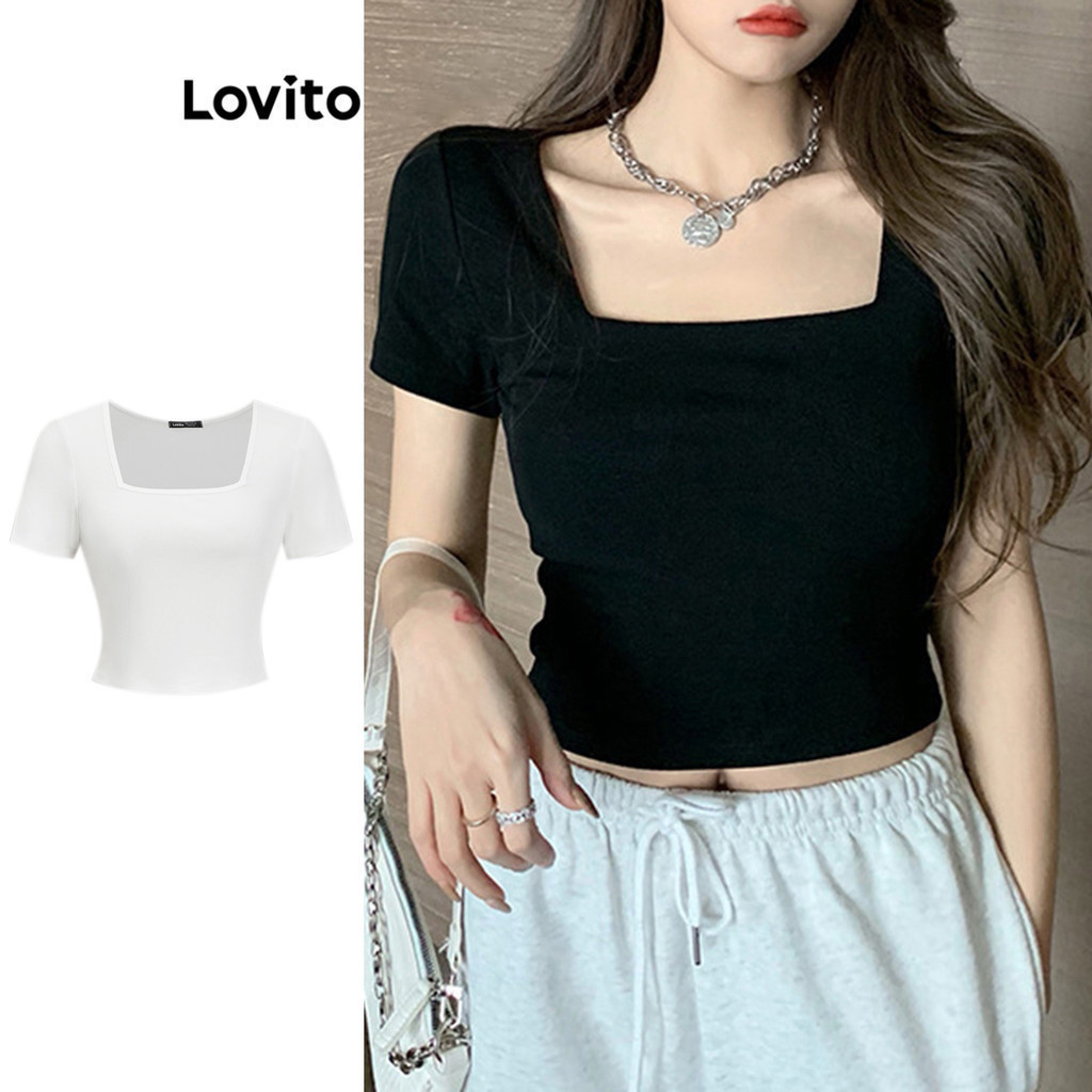 Lovito Casual Plain Basic Square Neck T-Shirt for Women LNE11006 (Multi-color) Lovito Kaos Leher Polos untuk Wanita