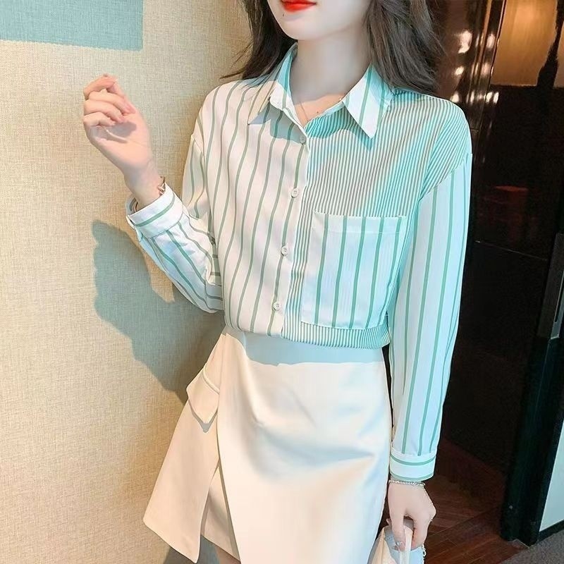 Miss Zheng Spring Autumn Hong Kong Women's Long-Sleeved Fashion Striped Shirt Women Chic Slimmer Look Color-Blocking Top Temperament All-Match