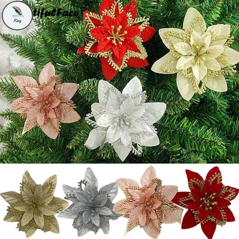 KS 10pcs  14cm Glitter Artificial Christmas Flowers Xmas Tree Ornaments Merry Christmas Decorations for Home New Year