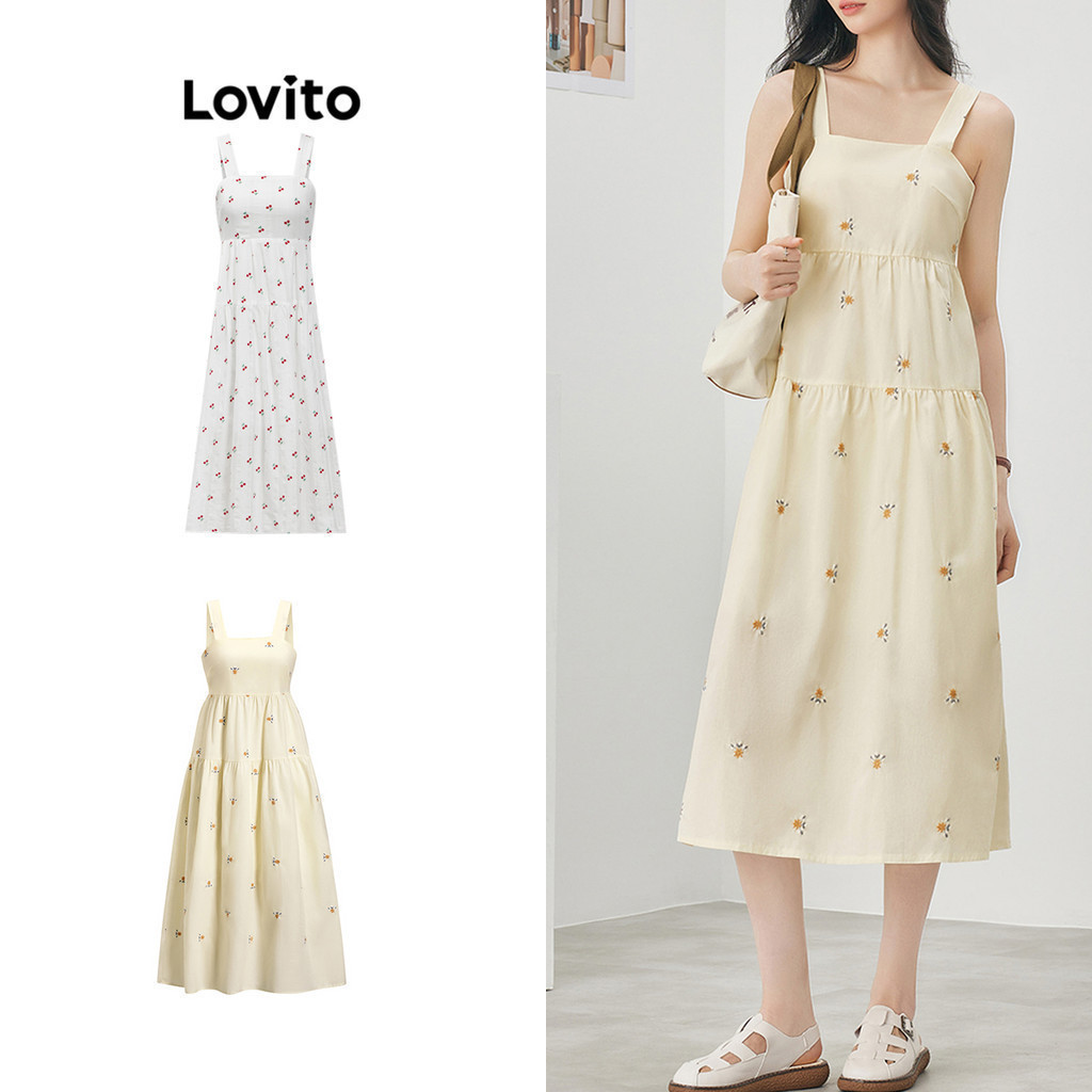 Lovito Casual Ditsy Floral Draped Cotton Embroidered Sunflower Dress for Women L52AD074 (Multi-color) Lovito Gaun Bunga Matahari Bordir Katun Ditsy Dibungkus Bunga Kasual untuk Wanita