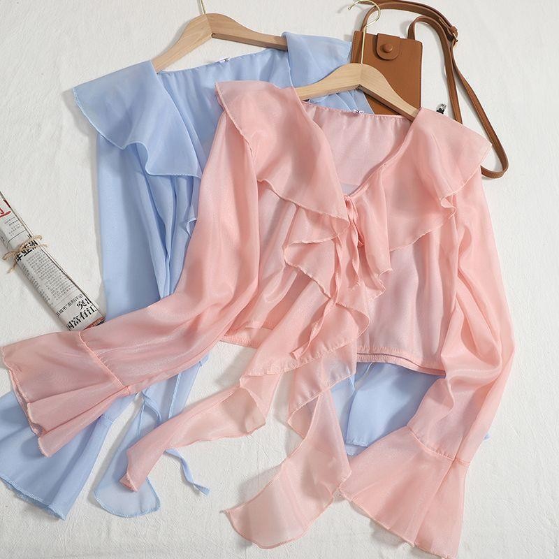 Women's Lightweight Chiffon Ruffle Long Sleeve Shirt