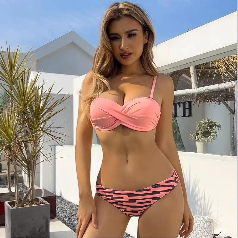 Split Foreign Trade Gathering 2024 Swimsuit Printed Female Summer Cross-Border Tropical New Style European American Cross Three-Piece