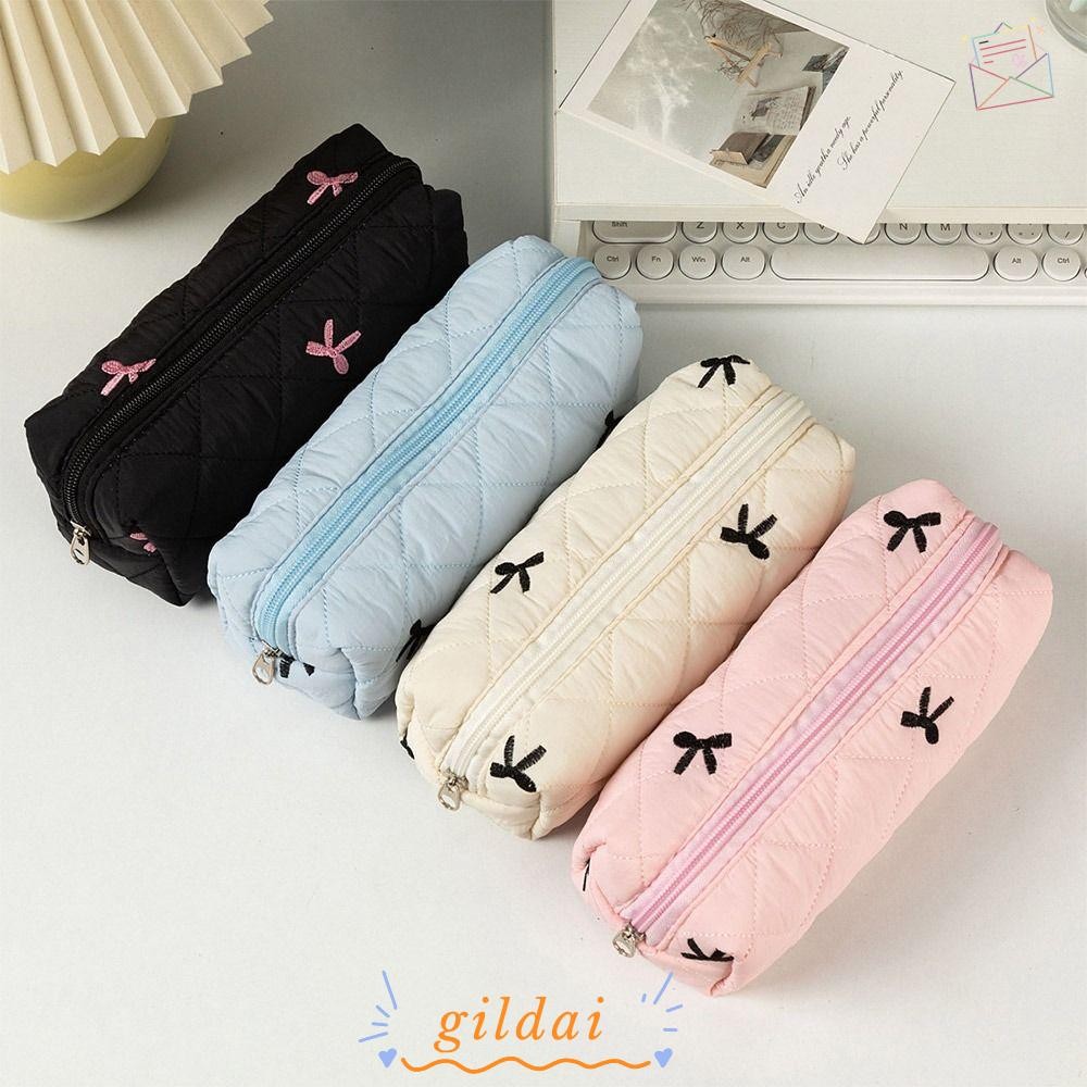 GILDAI Student Pen Pouch, Floral Quilted Bow Pencil Bags, Small Large-Capacity INS Style Cosmetics Storage Bag