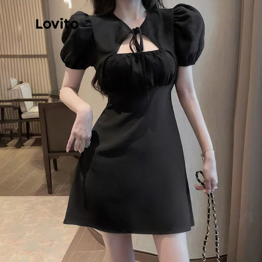 Lovito Cute Plain Cut Out Tie Front Women Dress L45AD041(Black) Lovito Lucu Gaun Wanita Depan Dasi Berpotongan Polos L45AD041 (Hitam)