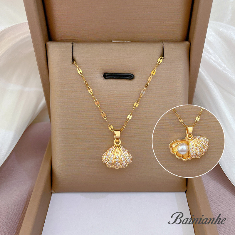 [Keluli titanium disaluti emas 18K] Kalung aksesori gantung mutiara tiruan shell keluli tahan karat rantai klavikula segar kecil fesyen wanita rantai klavikula pasangan rantai klavikula