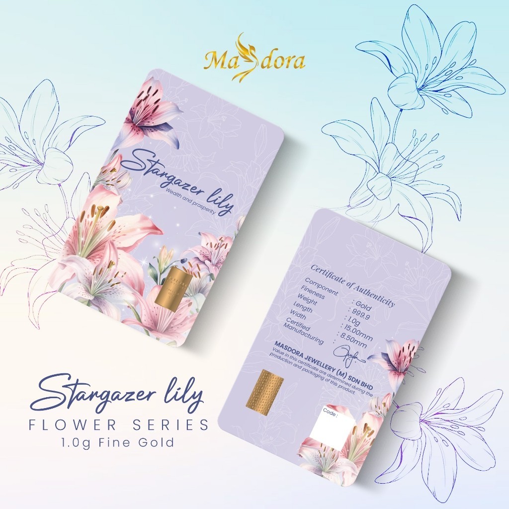 MASDORA 999.9 Gold Bar 1.00GM Flower Series ~ Stargazer Lily (EMAS 999.9/24K)