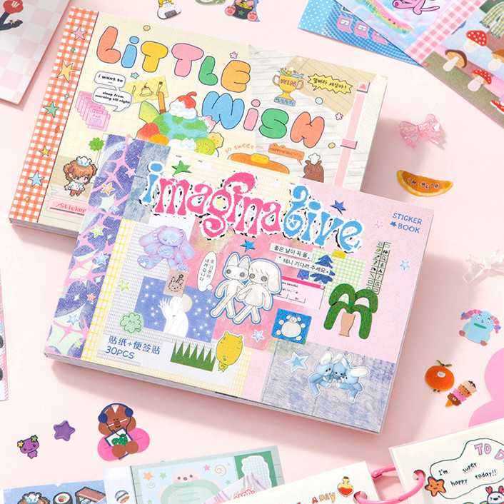Cdaily|M5 Double-Sided Sticker Book 30 Sheets Die-Cut Stickers Writable Memo Glitter & Matte Stickers for DIY Journal Planner Scrapbook