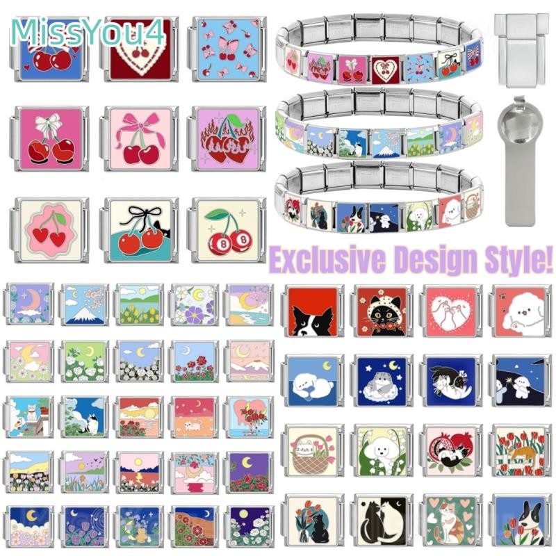 Exclusive Design Style Popular Love Pink Cherry Spring Cat Italian Charm Links Fit 9mm Stainless Steel Bracelet Making Jewelry