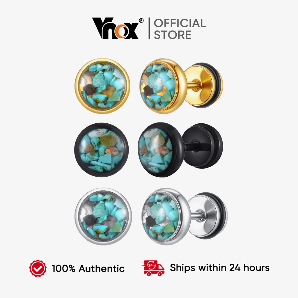 Vnox Turquoise Round Stud Earring for Men,Stainless Steel Natural Stone Stud Earrings,Simple Fashion Jewelry Gift