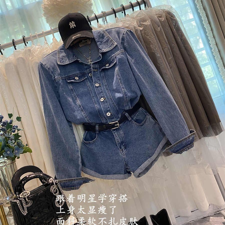 2025 New Style Spring Blue Denim Jumpsuit Women Retro High Waist Jumpsuit Wide Leg Shorts Long Sleeve Shirt Suit