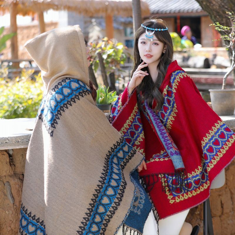 11.8 Xinjiang Tibetan Saffron Photo Shawl Ethnic Style Hooded Scarf Cloak Yunnan Travel Outer Match New Cloak Female Xinjiang Tibetan Saffron Photo Shawl Ethnic Style Hooded Scarf Cloak Yunnan Travel Outer Match New Cloak Female