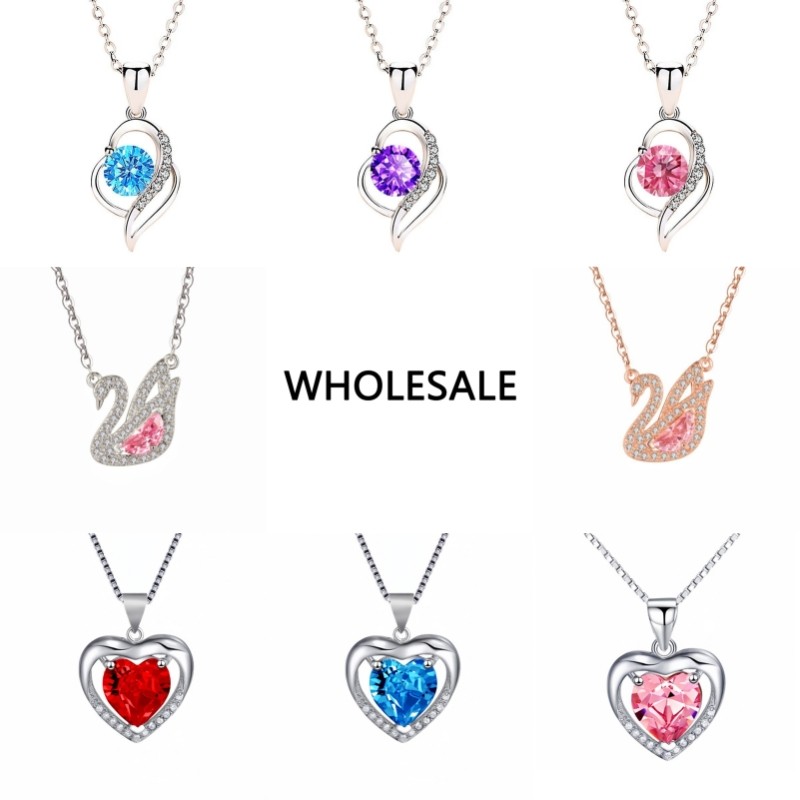 WHOLESALE / 100 Styles 925 Silver In Stock Colorful Diamond Hot Sale Silver Dream Angel Love Wings Heart Pendant Necklace