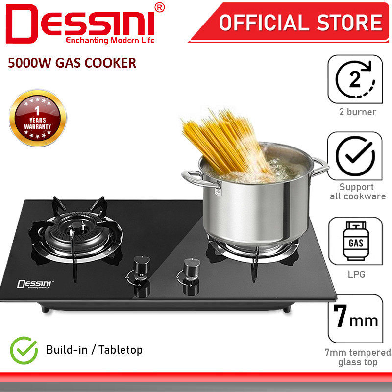 DESSINI ITALY Auto Ignition Gas Cooker Propane LPG Hob 2 Burner Built In Cooktop Tabletop Tempered Glass Stove Dapur Gas