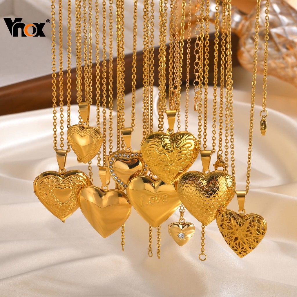 Vnox Personalized Locket Necklace for Women,Holds Pictures Memory Photo Heart Lockets Necklace Jewlery Gift