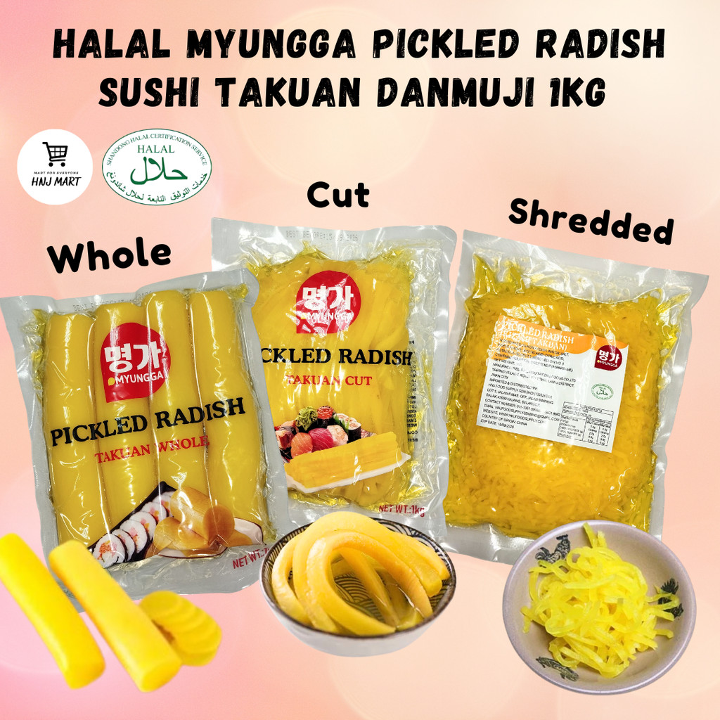 PICKLED RADISH 1KG HALAL MYUNGGA SUSHI TAKUAN, DANMUJI, PICKLED DAIKON RADISH, DAIKONZUKE, TAKUWAN, ACAR LOBAK KUNING