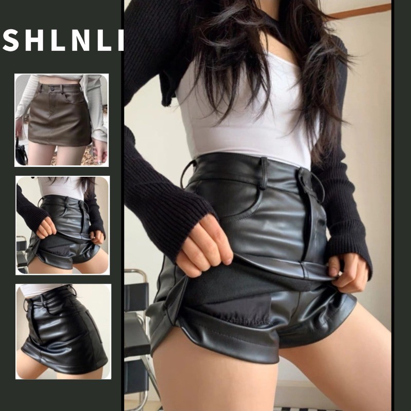 Korean PU Leather High Waisted A-line Dress for Spring Summer Women's Solid Color Button Up Short Skirt