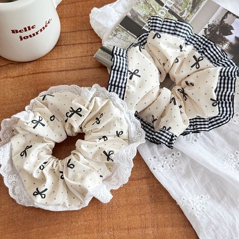 Ballet Style Bowknot Lace Scrunchy Hair Tie Female Korean Style High-End Summer Sweet Cream Headband INS