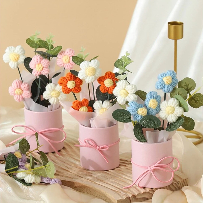 Hand-woven Flowers Bouquet Set Handmade Crochet Knitted Flowers Simulated Flower Raya Decoration