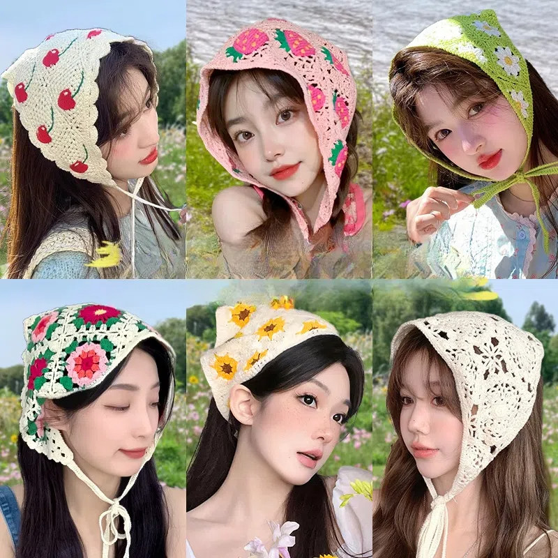 Korean Version Pastoral Style Headscarf Dopamine Knitted Crochet Headband 新款时尚小清新草莓头带Hot Girl Triangle Scarf Hair Accessories可爱卡通头巾