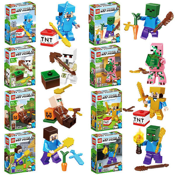 minecraft lego robot Anak patung kecil saya, Steve, boneka besi, bayangan terakhir, kampung naga, pejabat, gua, rumah pokok, blok bangunan