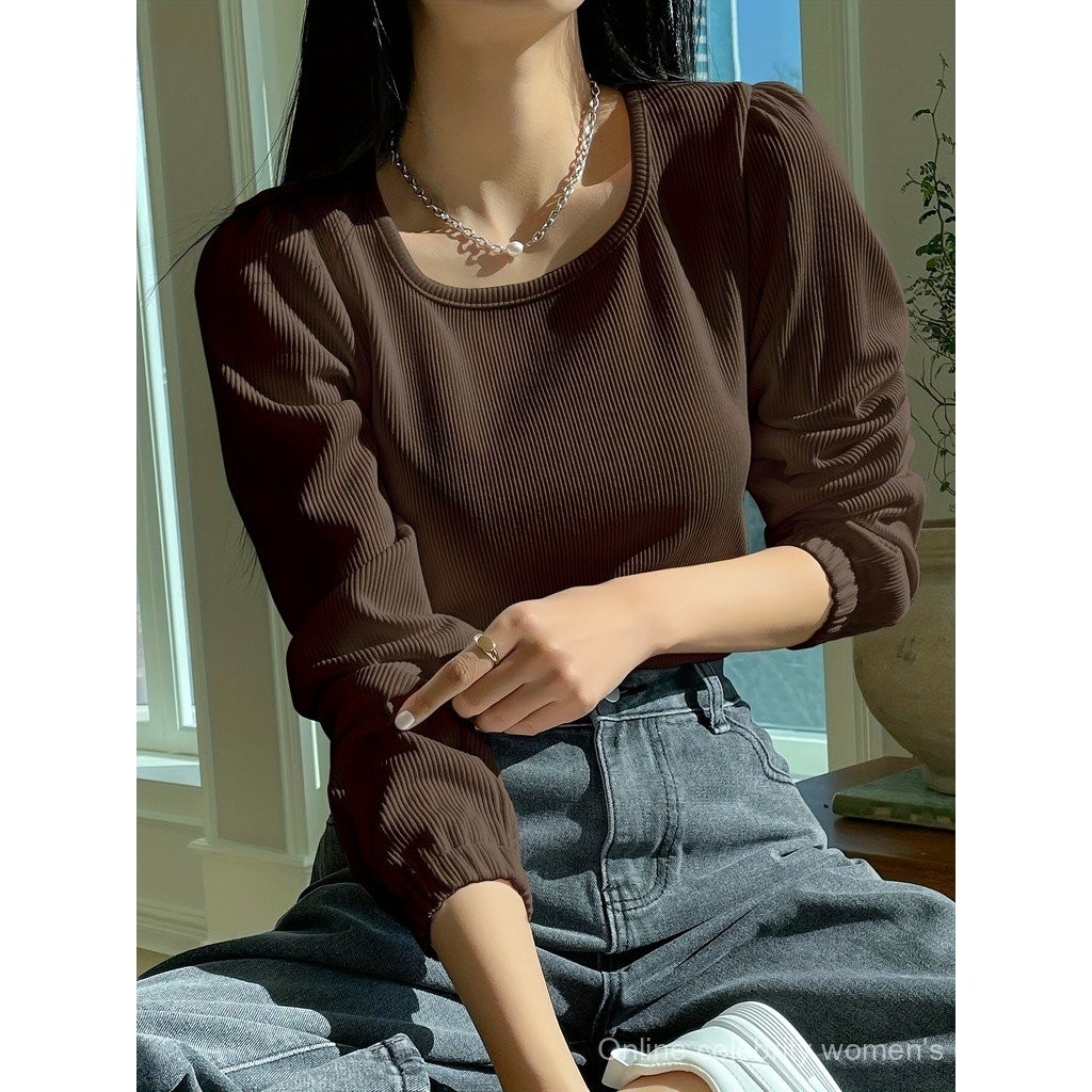 【Online celebrity women's clothing】Ready Stock Autumn Women's Long-Sleeved Bottoming Shirt T-Shirt 2024 New Style French Design Square Collar Ribbed Fleece Pit Strip Top