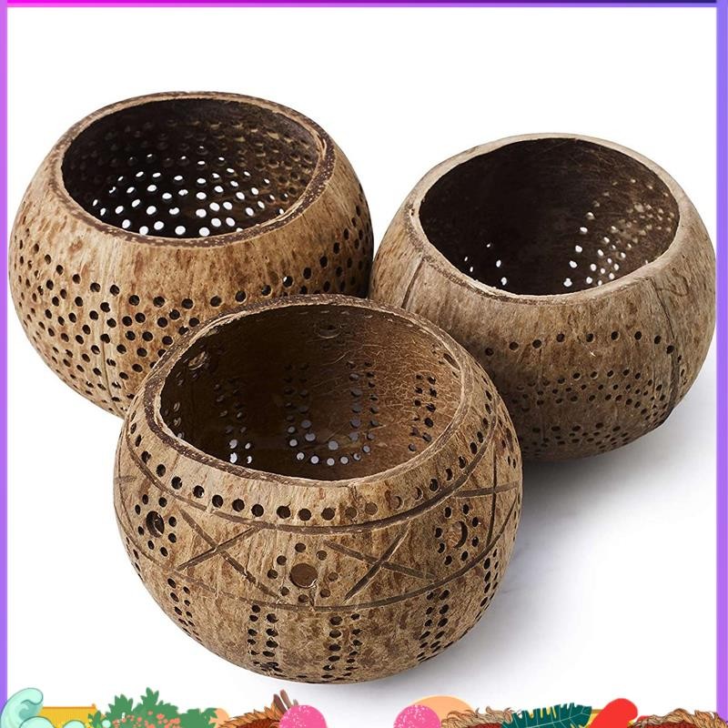 Coconut Shell Wood Candle Holders (Set of 3) with Coconut Scented Tealight Candles - Boho Decor, Votive Candles Holders ffefhrudh
