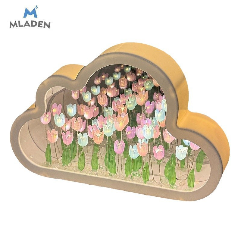 MLADEN Tulip Night Light DIY Clouds Shape Tulip Mirror Table Lamp Gifts - Blue/Purple/Pink