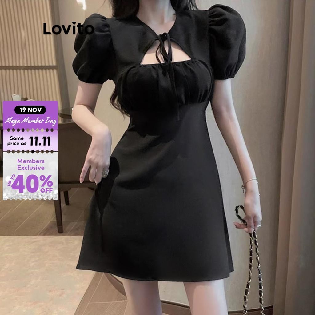 Lovito Cute Plain Cut Out Tie Front Women Dress L45AD041(Black) Lovito Lucu Gaun Wanita Depan Dasi Berpotongan Polos L45AD041 (Hitam)