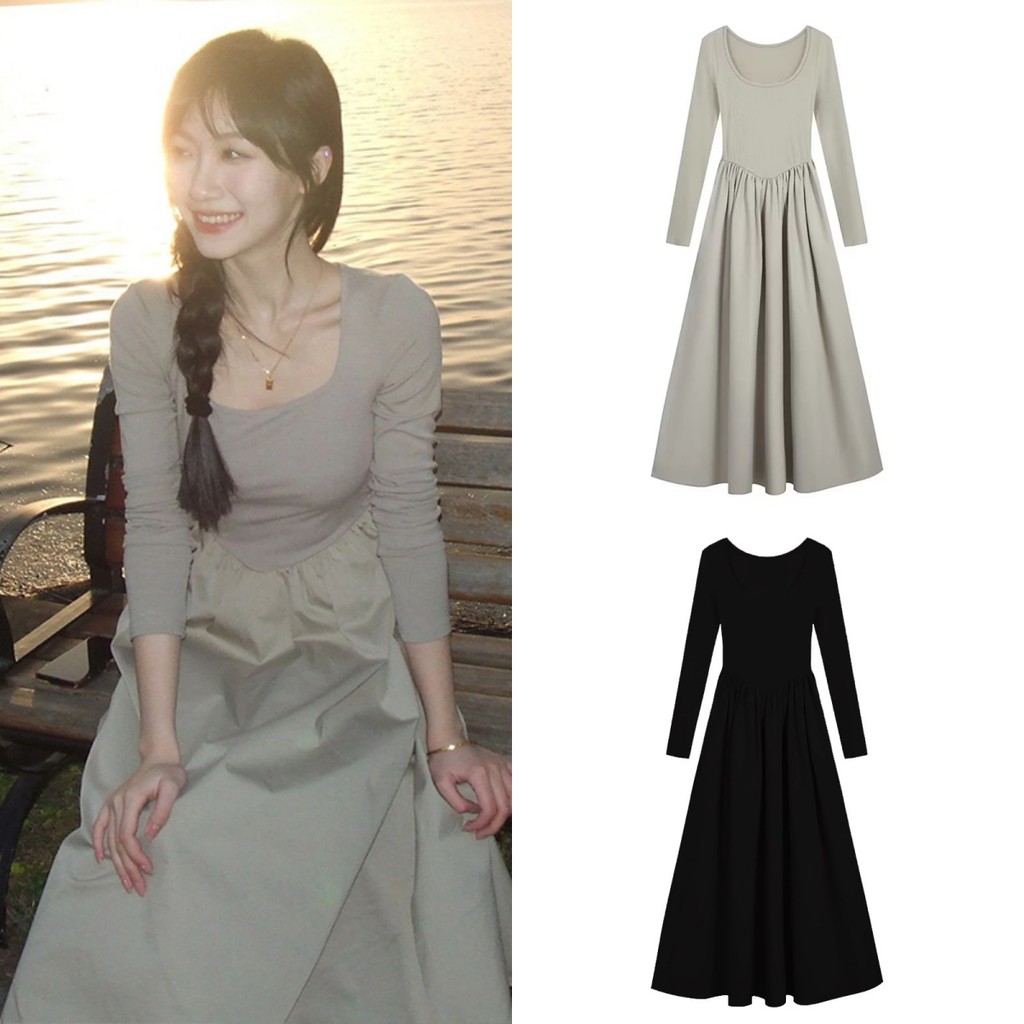 ✅【READY STOCK】Beryl Hepburn Style Classic dress for women Solid Color Korean Style Slim Dress