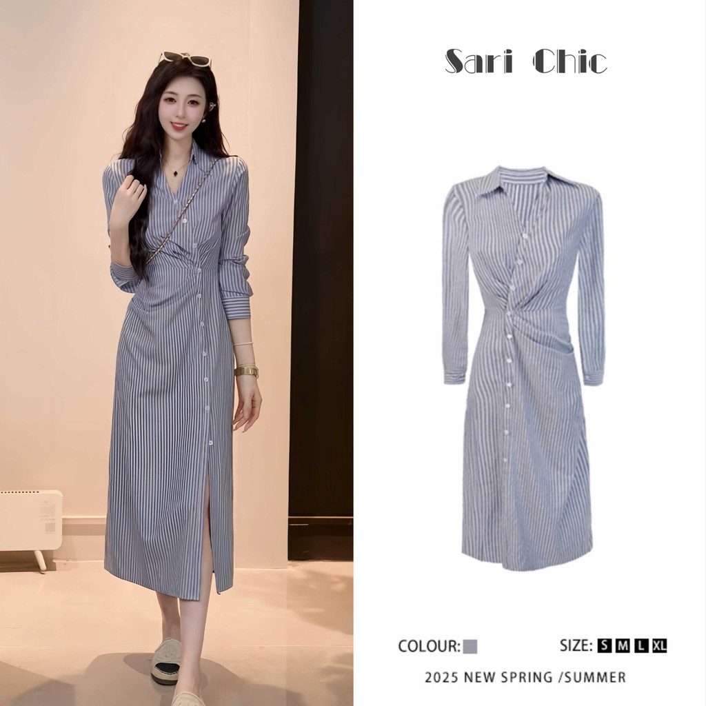 SARICHIC French Retro Striped Shirt Dress for Women Irregular Button Waist Design Long-sleeved A-line Maxi Dress -99156