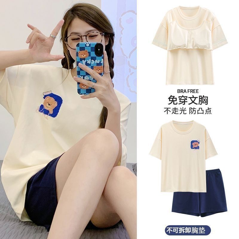 Ready stock【40-90KG】 睡衣女夏季短袖套甜美带胸垫韩版卡通学生休闲家居服宽松大码Pajamas women's summer short sleeve set sweet