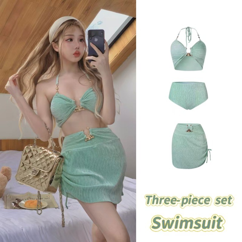 Women's Swimsuit Sexy Neck Halter Bikini Three-piece Set Vacation Travel Fashion High-end White Flesh Covering Sea Beach Bikini Set