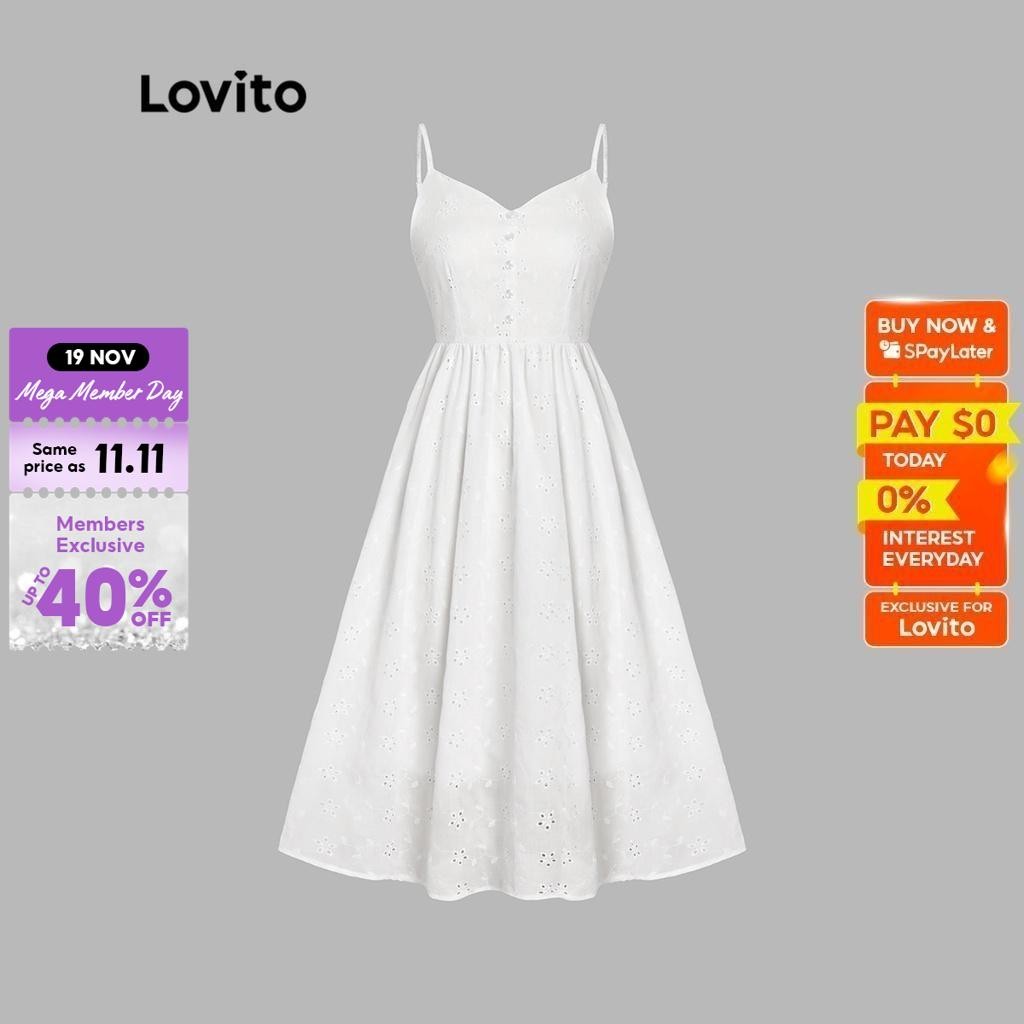 Lovito Cute Plain Button Floral Tighten The Waist Dress for Women L45AD039(White) Lovito Lucu Kancing Polos Floral Mengencangkan Pinggang Dress untuk Wanita L45AD039 (Putih)