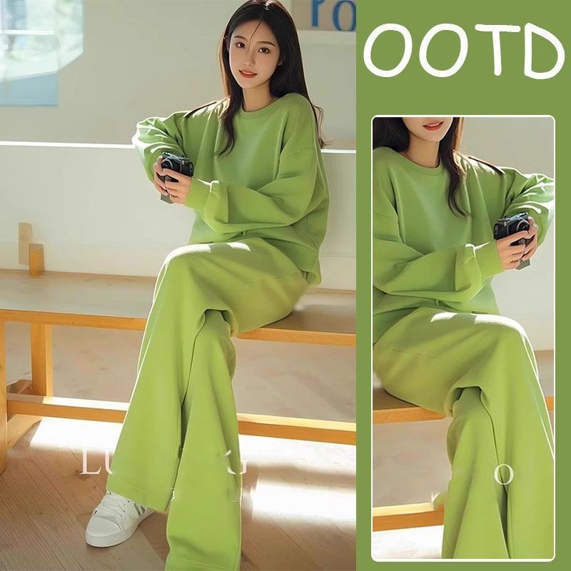 Early spring set of ootd Korean high-end outfits, royal sister, a and cool casual green sweatshirt s早春一整套ootd韩系高级感穿搭御姐又a又飒休闲绿色卫衣套装裤子