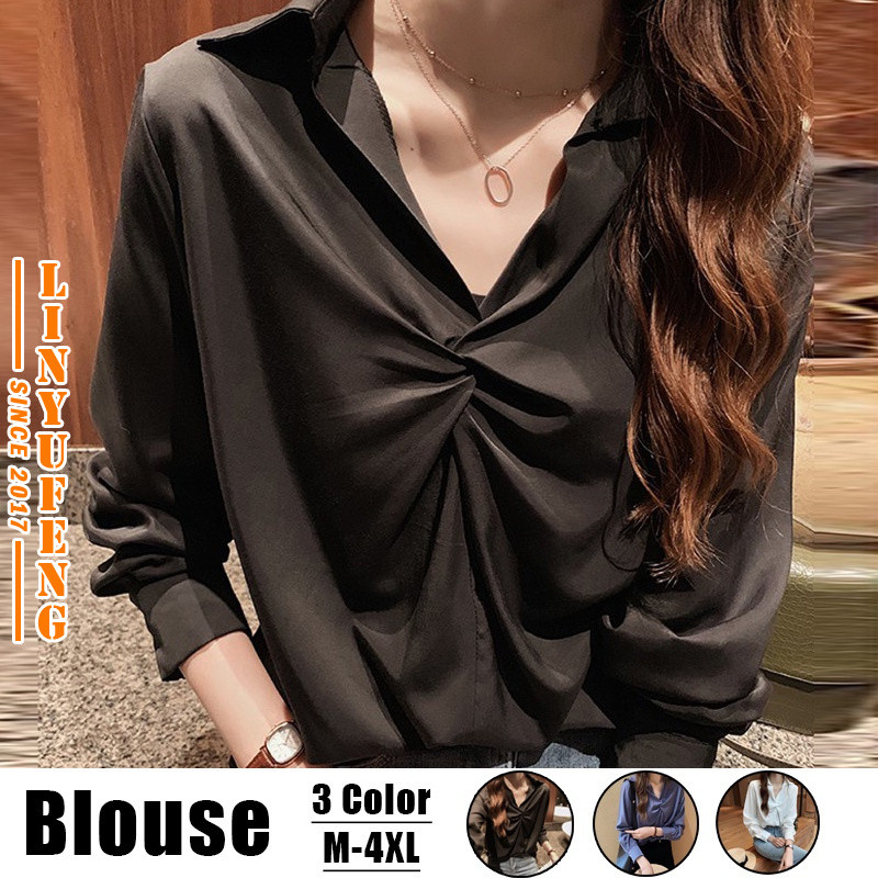 ?Linyufeng? Plus Size M-4XL Chiffon Blouse Women V Neck Korean Style Ironless Long Sleeve Plain Casual Loose Temperament Woman Ladies Shirt Top Black White Blue Baju Baggy Blouse Kemeja Lengan Panjang